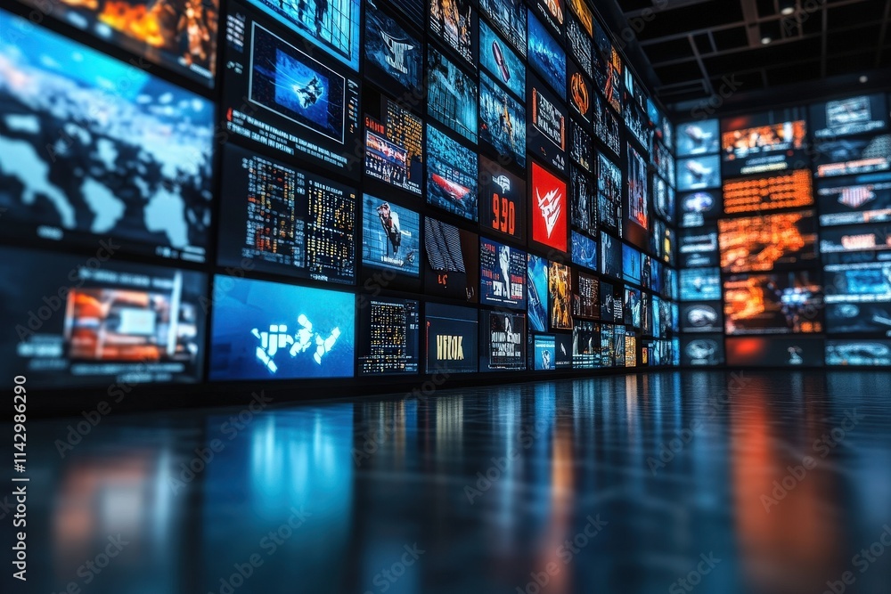 A wide array of digital screens fills a contemporary space, displaying different news updates, data visualizations, and vibrant graphics. The atmosphere is technology-driven and engaging.