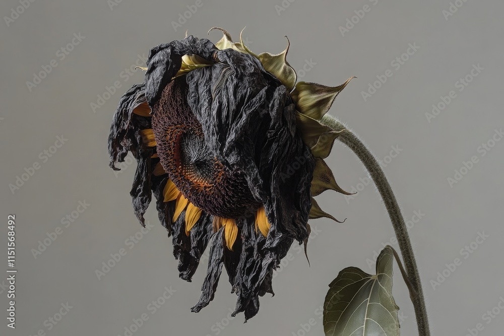 A wilting sunflower stands alone against a plain backdrop, its petals curled and darkened. The flowers vibrant colors have faded, highlighting the beauty of decay in nature.