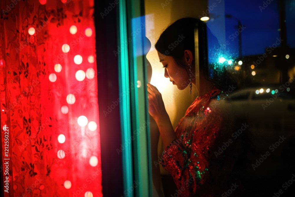 A woman dressed in colorful traditional clothing stands by a window, illuminated by soft evening light. Vibrant red curtains contrast with the glow outside, creating a striking atmosphere.