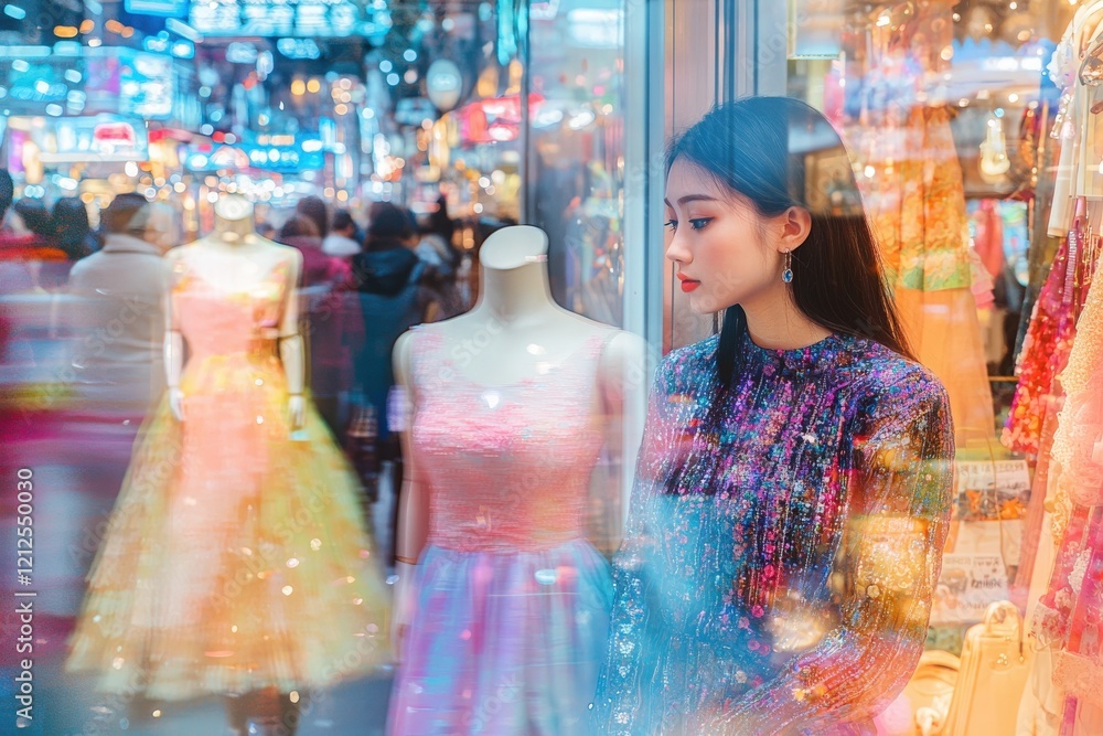 A woman dressed in stylish attire gazes thoughtfully at colorful dresses displayed in a store window. The bustling streets are illuminated by city lights, creating a lively atmosphere.
