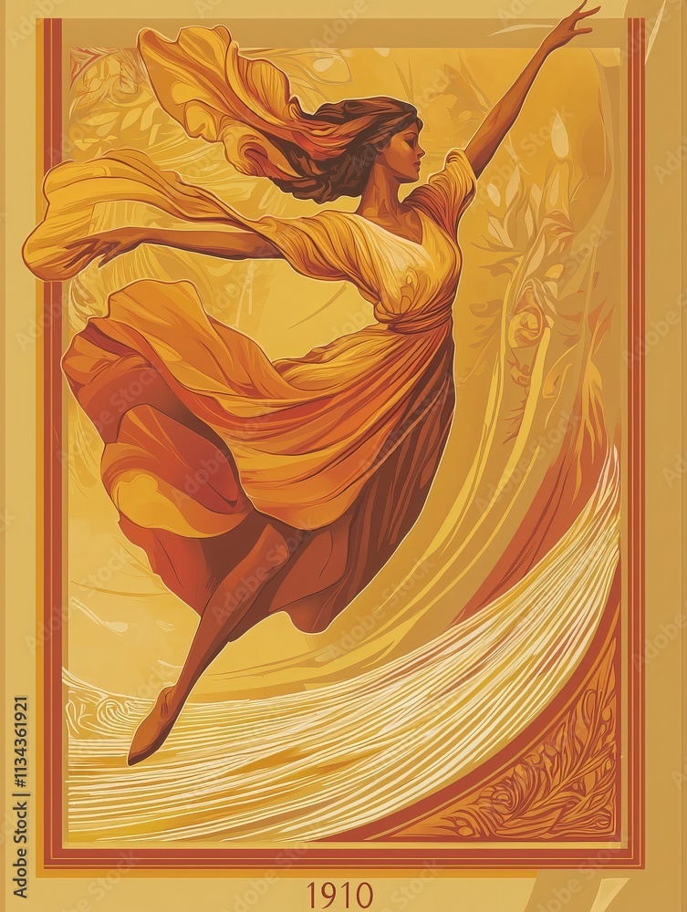 A woman gracefully leaps through the air, adorned in a flowing orange dress.