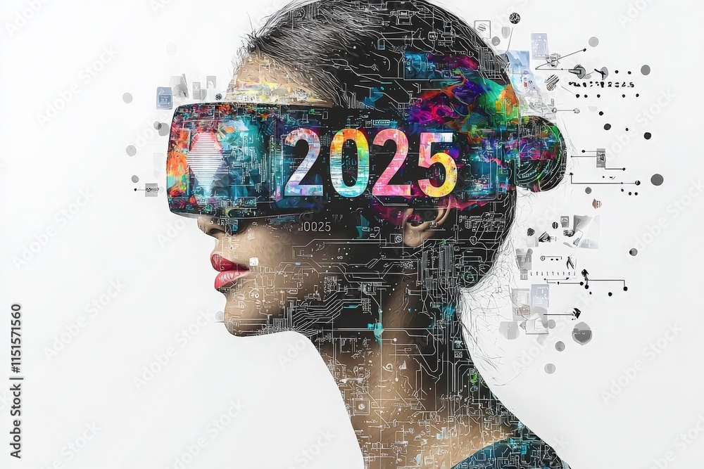 A woman is depicted wearing advanced technology goggles, showcasing a blend of digital designs and colorful patterns.