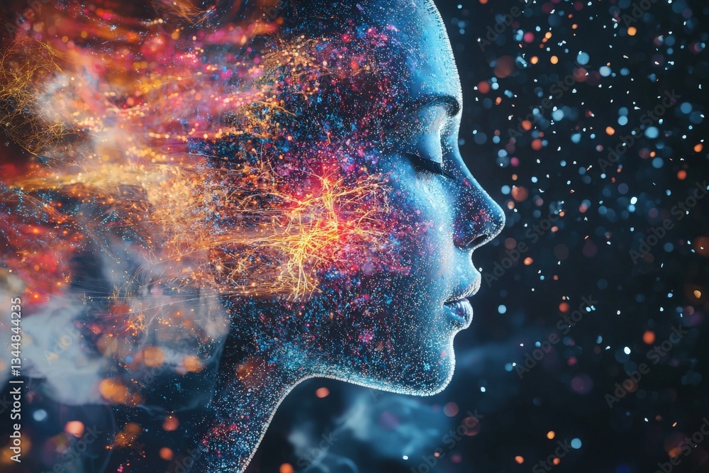 A woman is portrayed in profile against a dark background, with vibrant cosmic elements and particles flowing from her head. The image captures a sense of creativity and imagination.