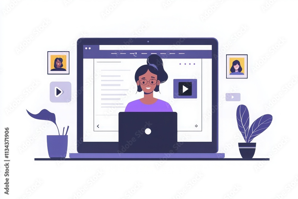 A woman sits at a desk with a laptop, focused on online learning. Surrounding her are elements like plants and framed photos, creating a cozy study environment. This scene emphasizes remote education.