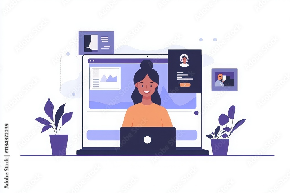 A woman sits at her laptop in a modern digital workspace. She engages with various online features as plant decor adds a fresh touch to her environment.