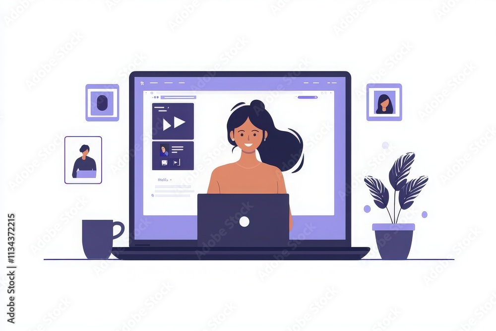 A woman smiles while working on her laptop in a cozy home office. Surrounding her are pictures and a plant, creating an inviting atmosphere.