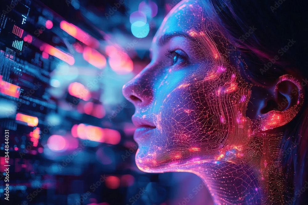 A woman stands in a high-tech environment, her face glowing with vibrant digital patterns. The backdrop features colorful lights and data streams, creating a captivating, modern atmosphere.