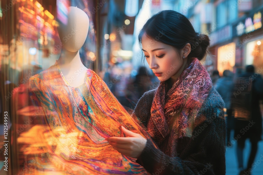 A woman stands mesmerized by the vibrant fabric in a shop window, surrounded by a lively street filled with blurred pedestrians. The colorful patterns catch her eye during a shopping outing.