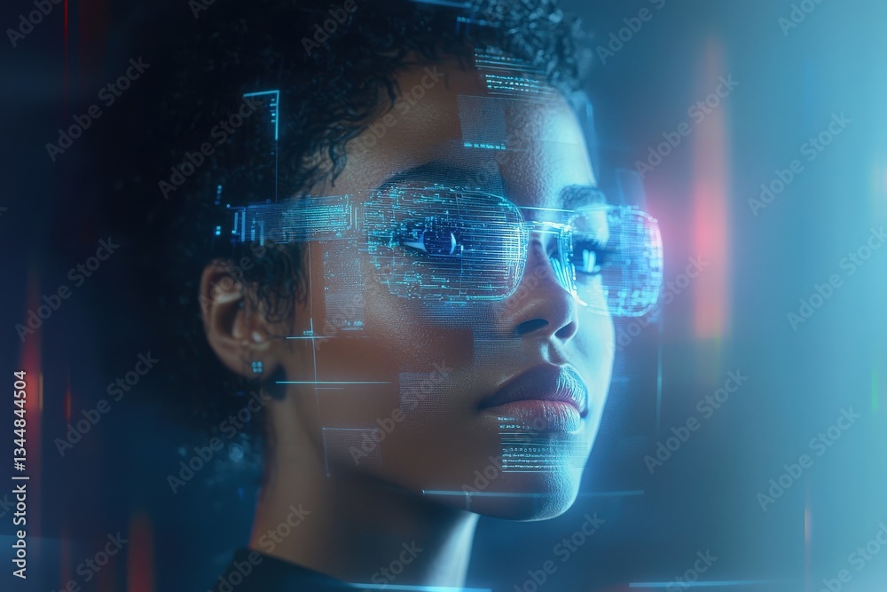 A woman stands with a confident expression, wearing smart glasses that display holographic data. The setting suggests advanced technology and innovation, evoking a sense of the future.