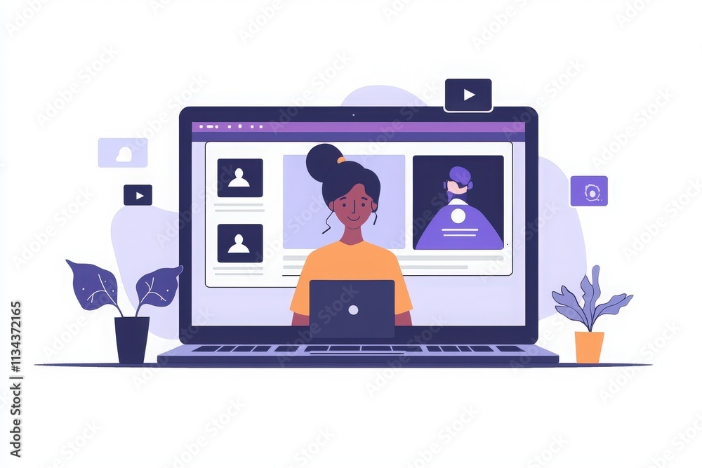 A woman studies actively on her laptop in a bright workspace. Plants decorate the area while various icons suggest online interactions and learning activities.