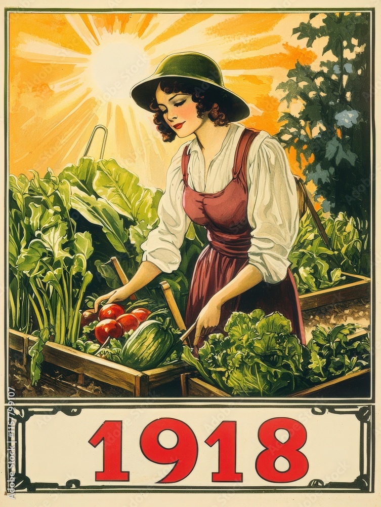 A woman wearing a hat works in a garden, harvesting tomatoes and other vegetables in sunlight. The vibrant colors and vintage style evoke a sense of 1918.