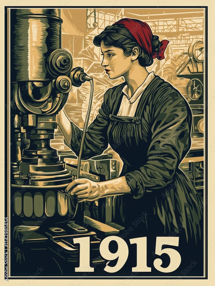 A woman wearing a red headscarf diligently operates a machine in a factory, showcasing industrial labor in 1915. The background features various factory elements, emphasizing the eras work culture.