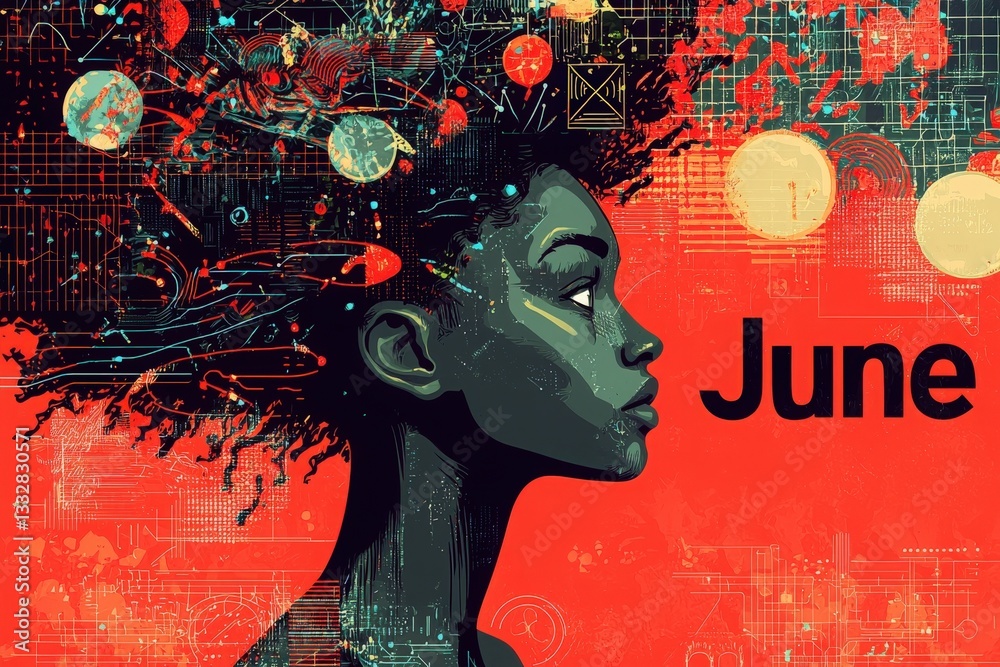 A woman with intricate curls gazes to the side, her hair transforming into a galaxy filled with stars and planets.