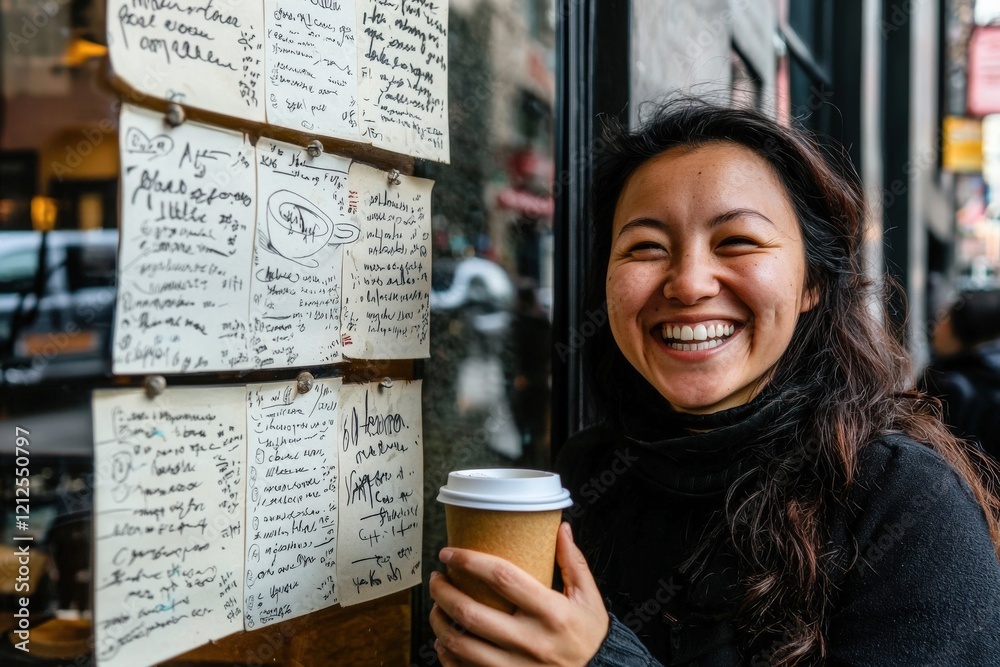 A woman with long dark hair smiles broadly as she holds a disposable coffee cup. She stands beside a cafe window decorated with various handwritten notes and menus, enjoying the lively atmosphere.