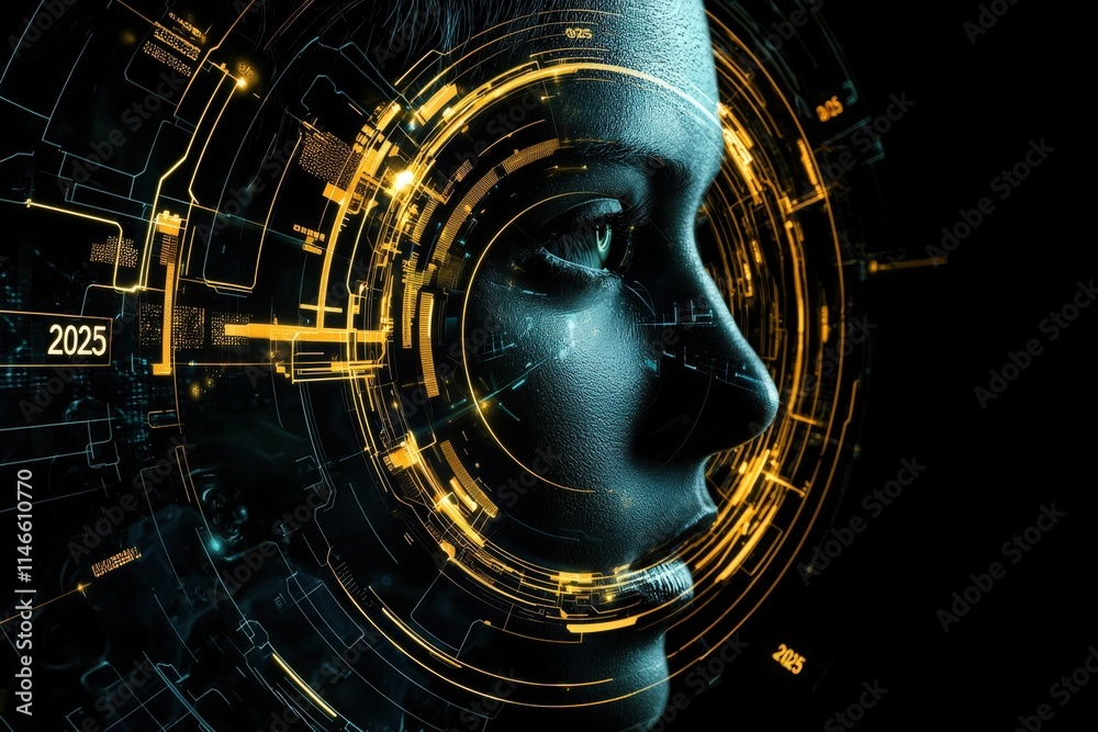 A womans profile is enhanced with intricate digital overlays and glowing lines, suggesting advanced technology. The futuristic setting implies a vision of the year 2025.
