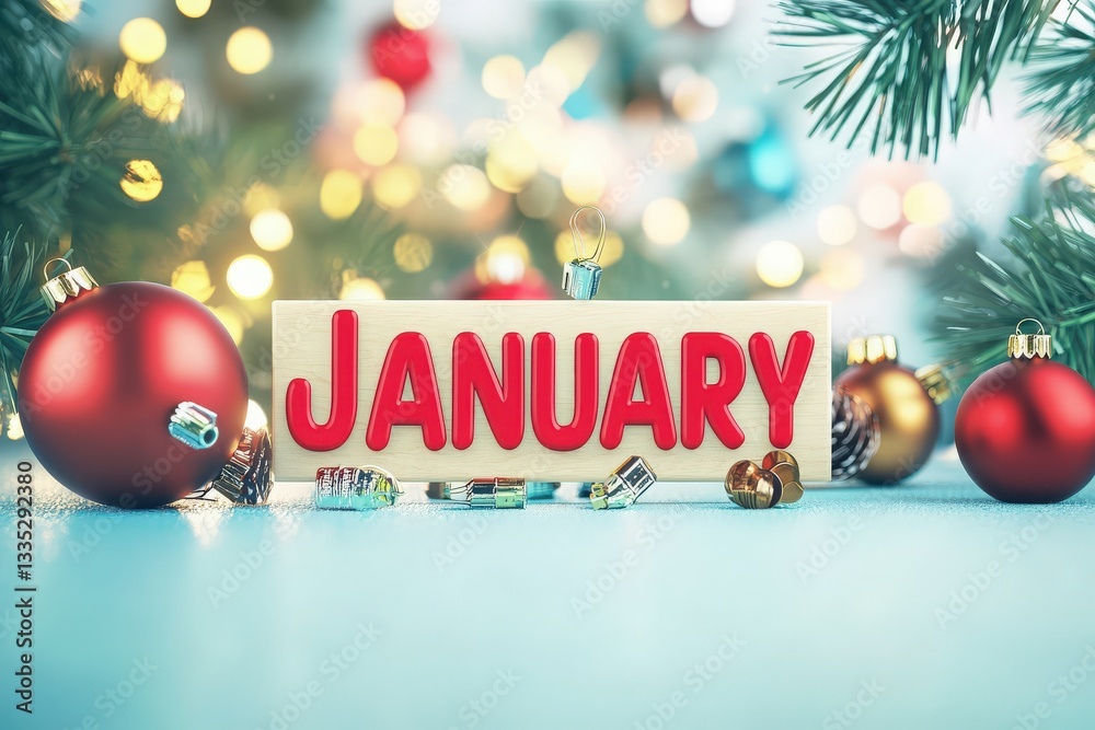 A wooden block displaying the word January is surrounded by colorful ornaments and twinkling lights. A festive atmosphere is created with the presence of evergreen branches.