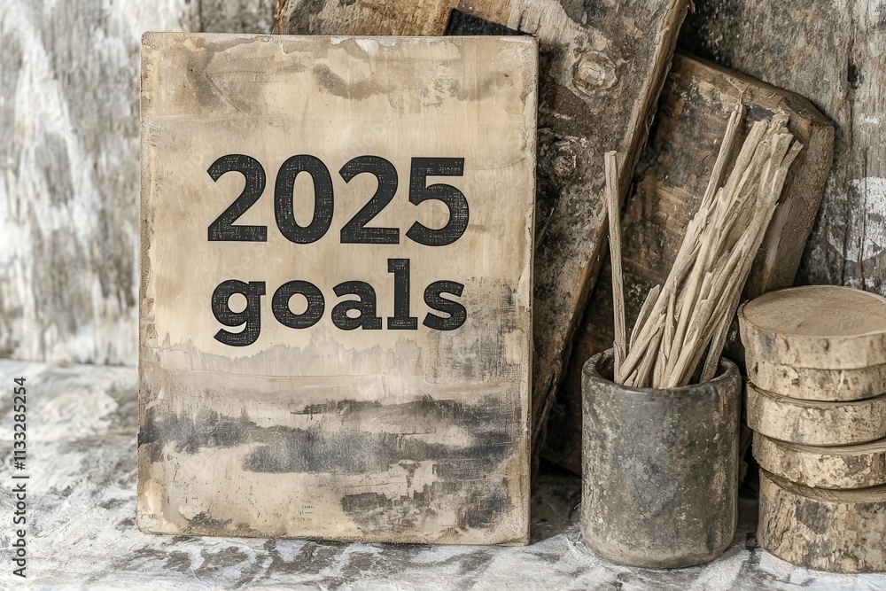 A wooden board showcases the phrase 2025 goals in bold black letters. Surrounding it are natural materials, including sticks and metal containers, enhancing the rustic aesthetic.