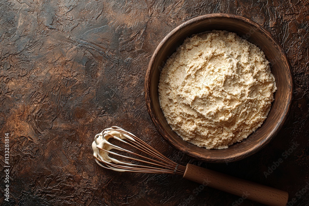 A wooden bowl contains a fluffy mixture made of flour and other ingredients, accompanied by a whisk. The rustic background enhances the kitchen atmosphere.