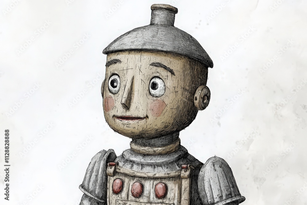 A wooden robot character stands with a friendly expression. The design showcases vintage-inspired features and metallic elements, capturing a whimsical yet nostalgic aesthetic.