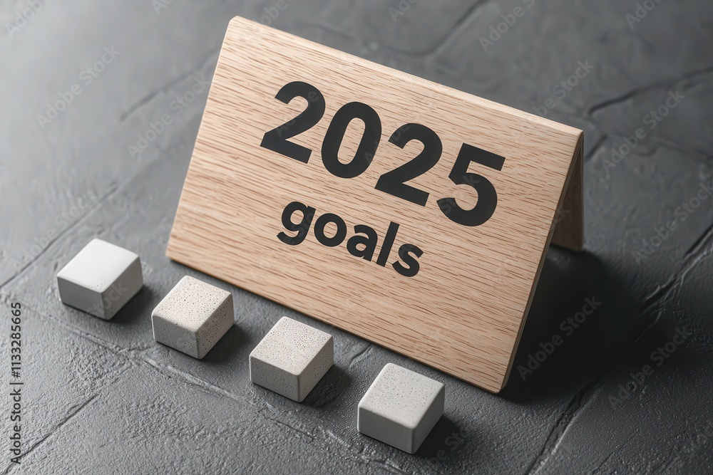 A wooden sign displays the year 2025 along with the word goals. Next to it are four gray blocks, symbolizing the steps or milestones towards achieving these goals, on a textured surface.