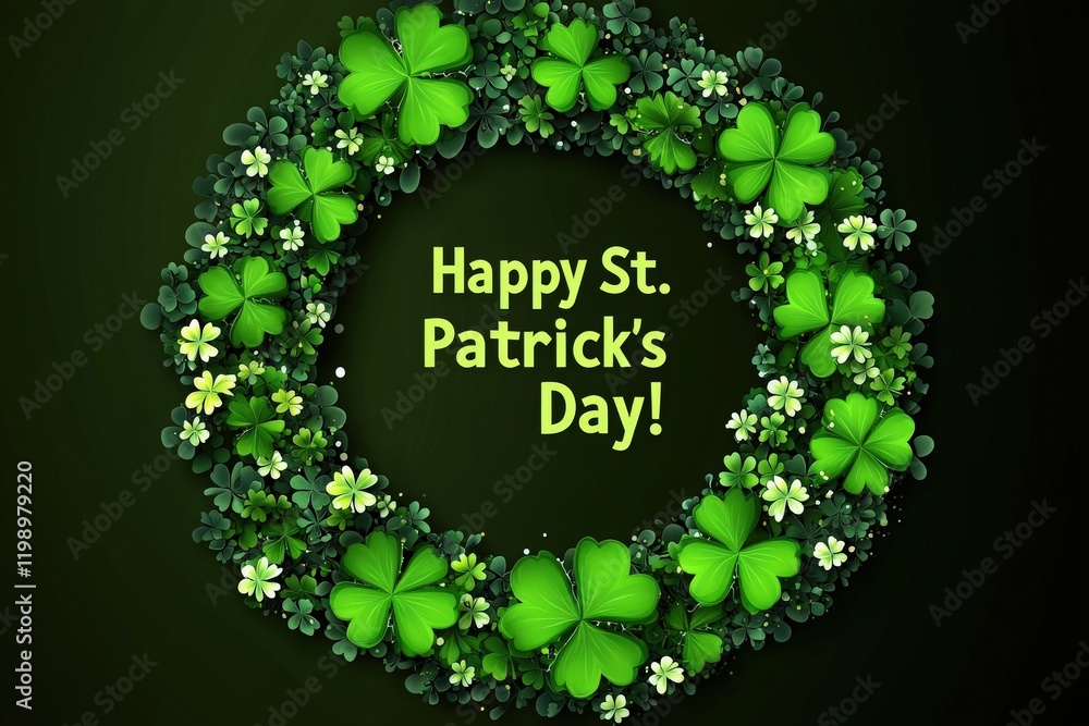 A wreath made of green clovers and small white flowers encircles a cheerful greeting for St Patricks Day. The dark background emphasizes the bright greenery in the design, perfect for celebration.