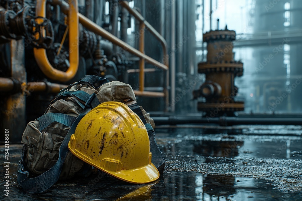 A yellow hard hat lies on a wet surface of an oil refinery, showcasing industrial equipment in the background. The scene captures the early morning atmosphere, highlighting work readiness.