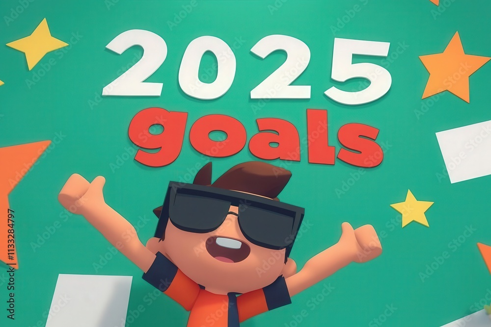 A young boy is enthusiastically celebrating his goals for 2025. He wears sunglasses and sports an orange shirt. The backdrop features playful colors and shapes, emphasizing motivation and positivity.
