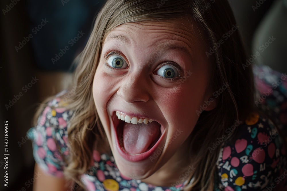A young girl expresses pure joy with a wide-open mouth and bright eyes. She wears a playful shirt featuring various colors, creating a cheerful atmosphere.