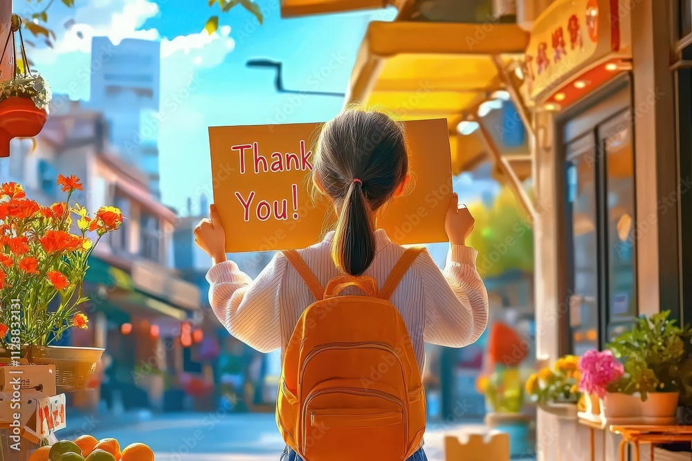 A young girl stands in a lively urban street, holding a colorful sign that says Thank You. Bright flowers and shop awnings surround her, creating a cheerful atmosphere.