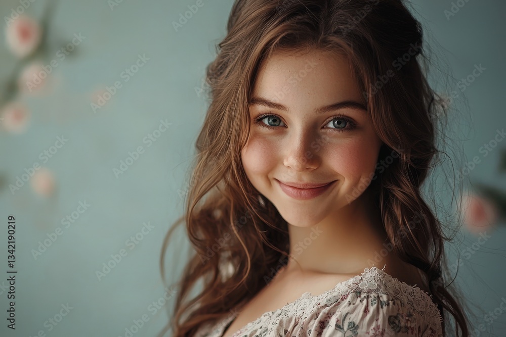 A young girl with long, wavy hair and bright blue eyes smiles gently, showcasing her dimples. She is dressed in a light, floral-patterned outfit and poses against a soft pastel floral background.