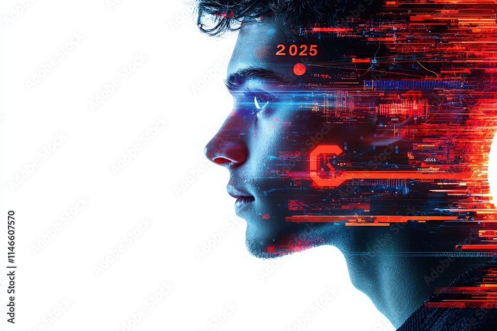 A young man is shown in profile, with digital lines and numbers symbolizing technology in a vibrant, futuristic style. The year 2025 is prominent, hinting at advancements in tech.