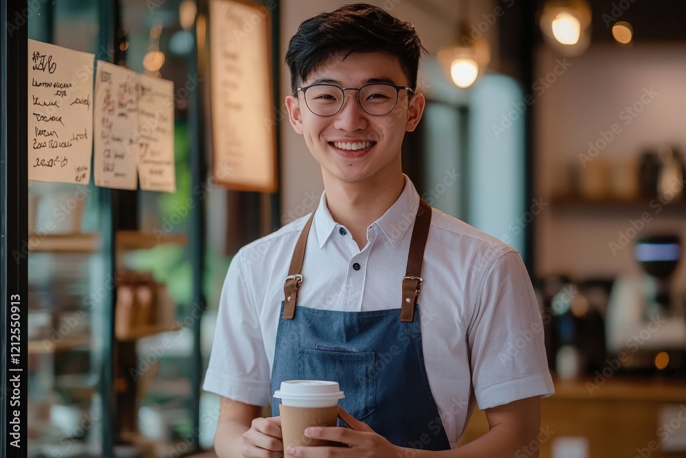 A young man with glasses enjoys a coffee in a modern cafe. He is dressed in a light shirt and apron, surrounded by an inviting atmosphere filled with light and wooden decor.