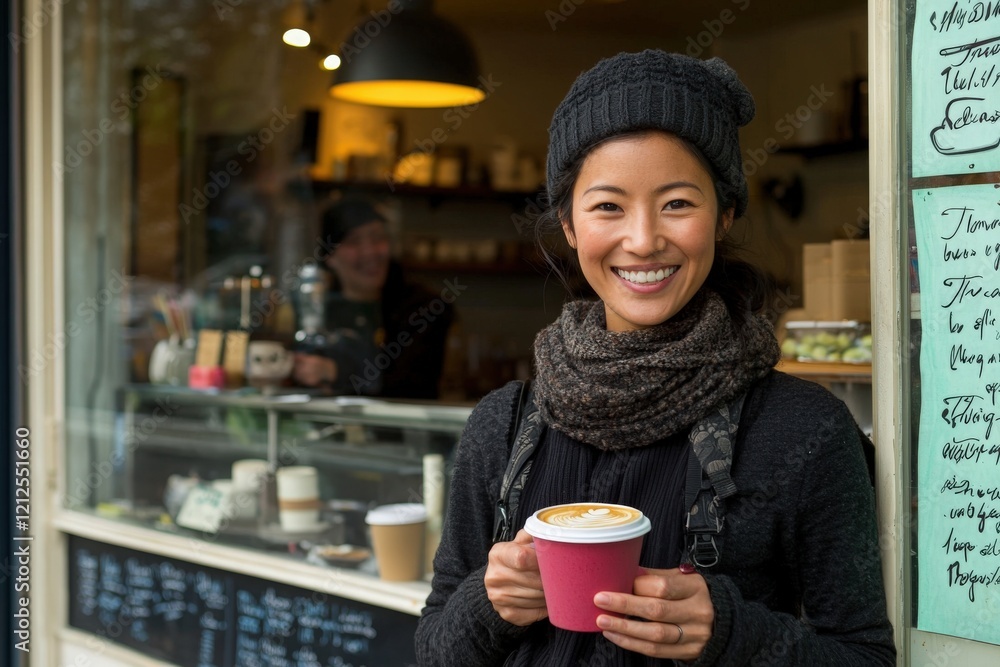 A young woman holds a pink coffee cup while standing outside a cozy cafe. She wears a knitted hat and a warm scarf, beaming a friendly smile at the entrance. Inside, a barista prepares drinks.