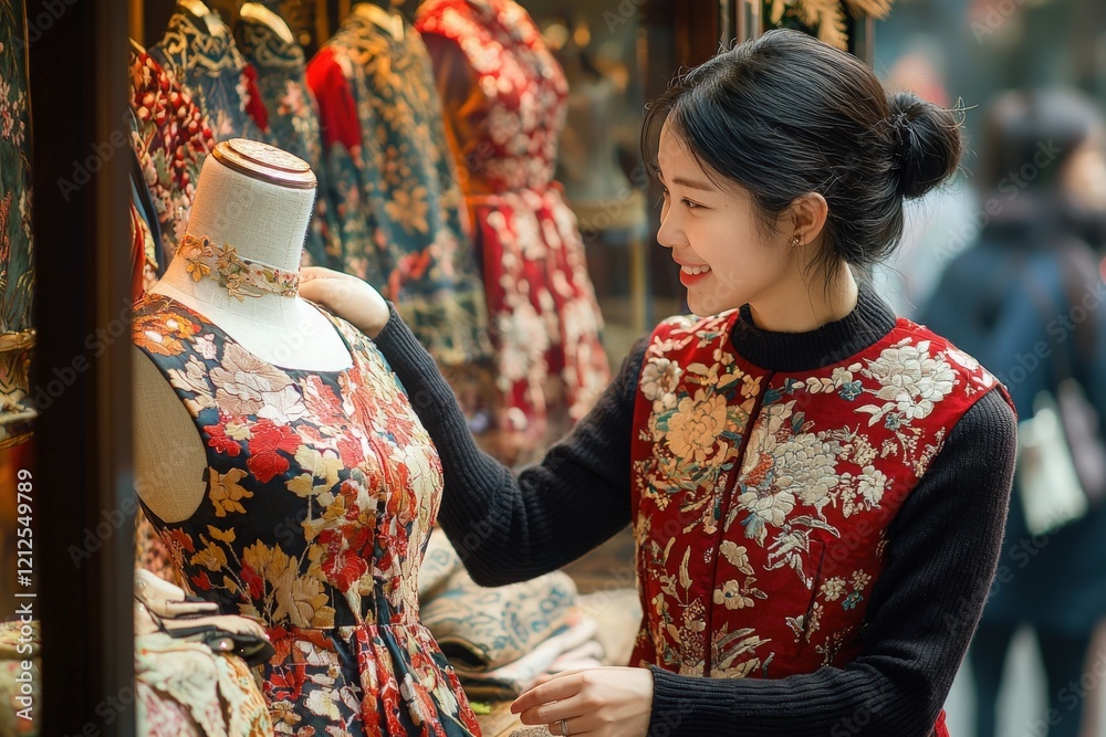 A young woman is selecting a beautiful floral dress in a boutique filled with colorful garments. The shop features intricate patterns, and shoppers are visible in the background.