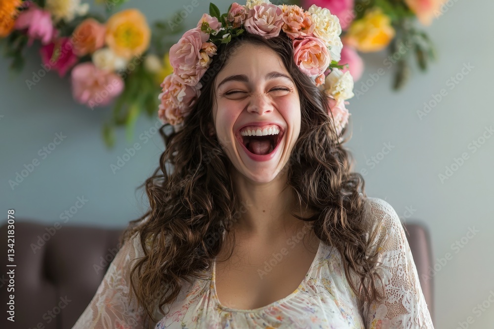 A young woman sits with a wide smile, wearing a floral crown. Behind her, a wall adorned with vibrant flowers adds to the cheerful atmosphere. The scene captures happiness and joy in a cozy setting.
