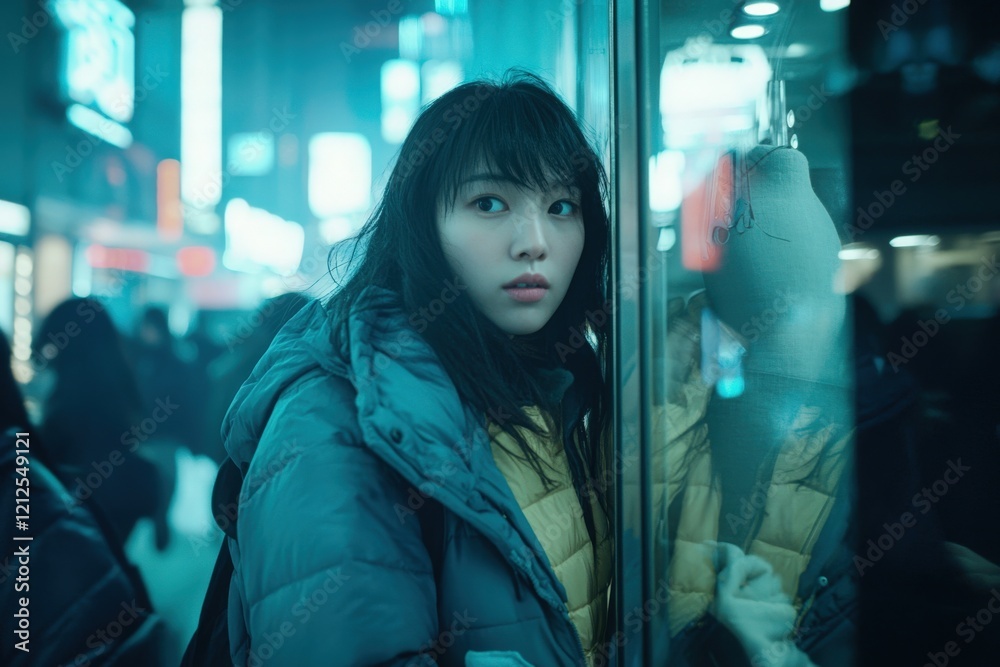 A young woman stands beside a shop window, looking curiously at the display. Neon lights illuminate the bustling street, creating a lively urban atmosphere in the nighttime scene.