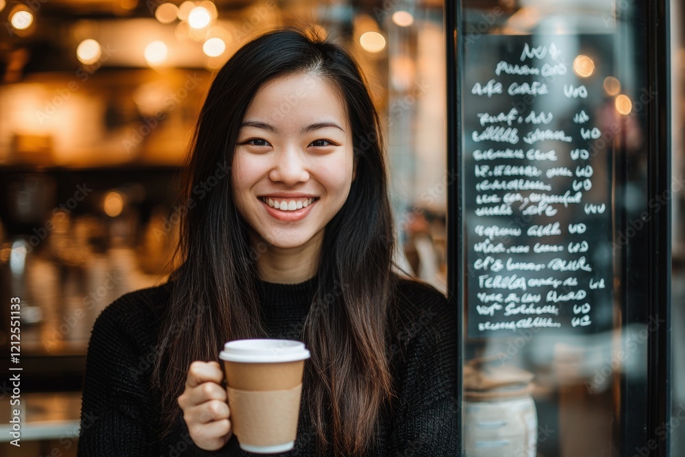A young woman stands in front of a cafe window, holding a cup of coffee. She has a bright smile and long hair, illuminated by warm cafe lighting, creating a welcoming atmosphere.