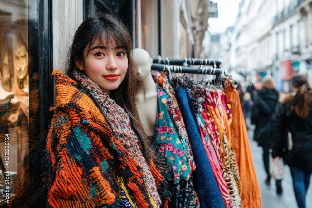 A young woman stands in front of a clothing rack filled with colorful garments. She wears a bright, textured coat and smiles at the camera. The bustling city street is alive with pedestrians.