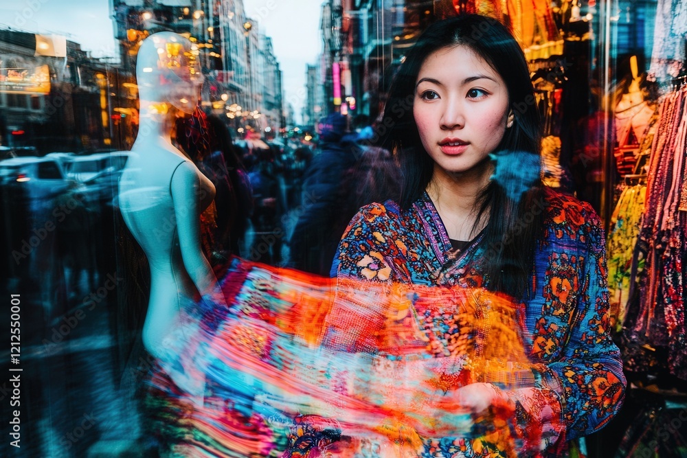 A young woman stands in front of a shop window, holding a colorful piece of fabric while reflecting city lights. The urban market buzzes with activity on a gloomy afternoon.