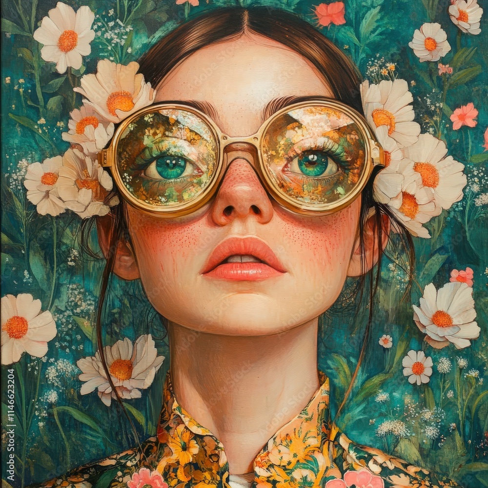 A young woman with large round glasses gazes softly at the viewer. She wears floral attire and has daisies in her hair, surrounded by a lush green backdrop with colorful flowers.