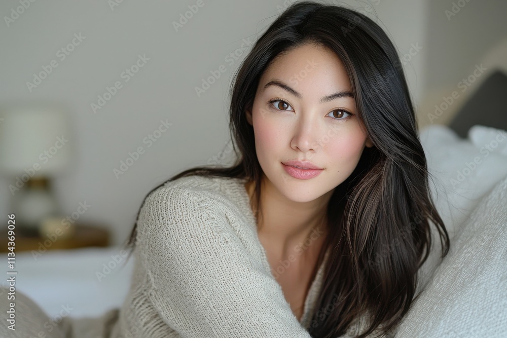 A young woman with long, flowing dark hair is relaxing comfortably on a soft bed. She wears a light sweater and has a serene expression, exuding warmth and tranquility in the well-lit room.
