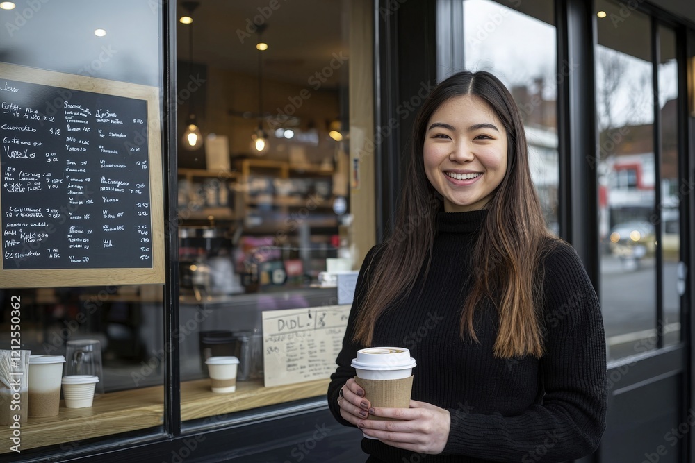 A young woman with long hair stands outside a cafe, smiling brightly while holding a coffee cup. The cafes menu board is visible behind her, showcasing various drink options.
