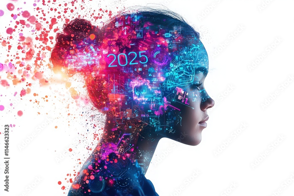 A young womans profile merges with vibrant digital graphics, showcasing futuristic designs and the year 2025. Colors and shapes represent advanced technology and innovation.