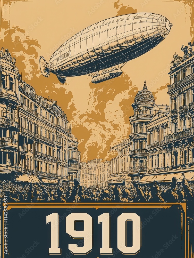 A zeppelin floats gracefully above an early 20th-century city filled with people. Elegant architecture lines the streets below, creating a lively atmosphere typical of 1910.