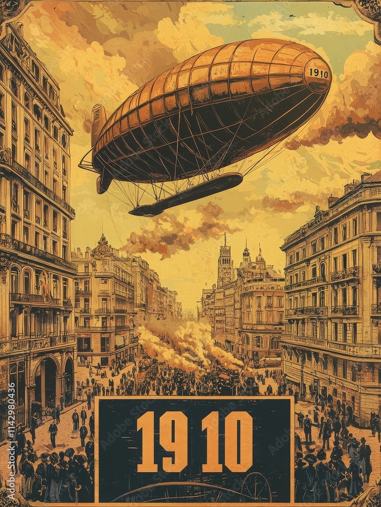 A zeppelin floats majestically above a lively city street in 1910, surrounded by crowds and historical architecture. Smoke billows in the background, adding to the atmosphere of the time.