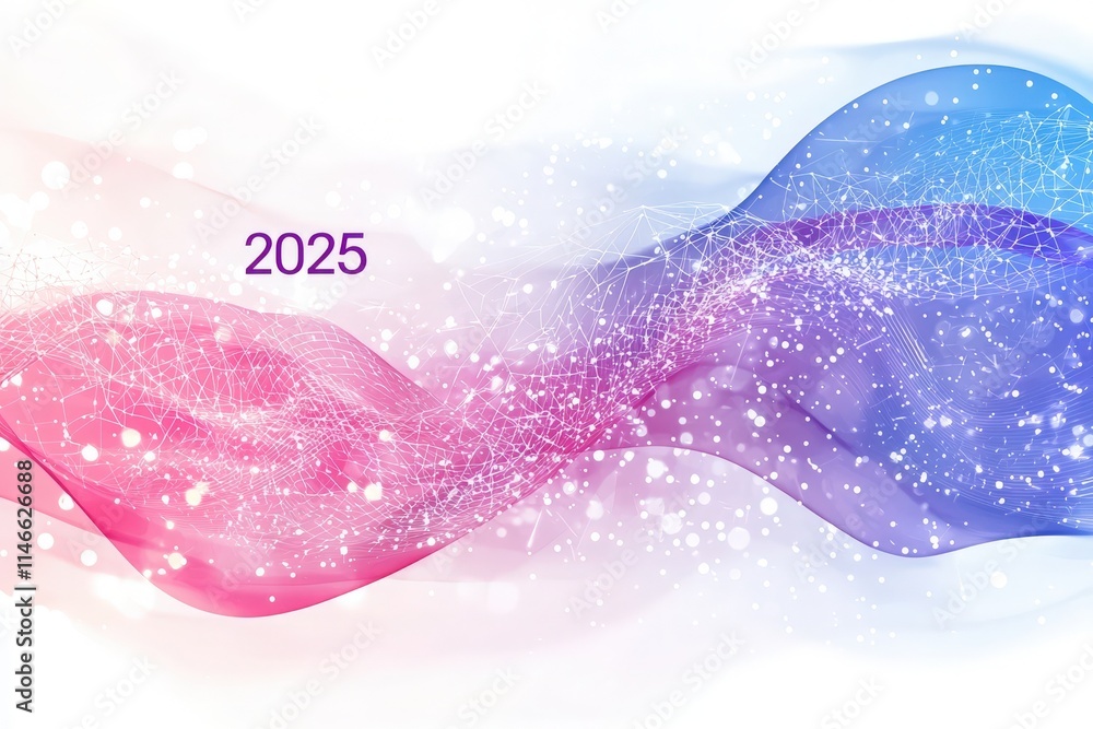 Abstract design presents flowing waves in soft pink and blue hues, intertwined with sparkling particle effects, symbolizing innovation and the essence of technology in 2025.