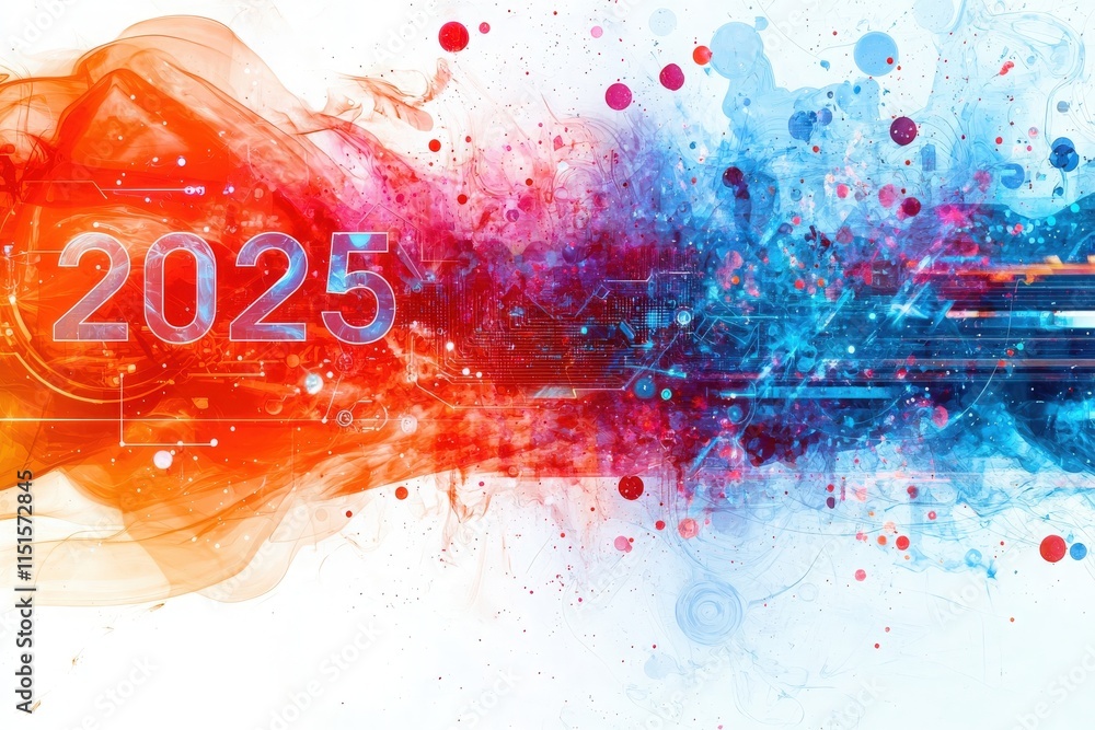 Abstract digital composition features the year 2025 with swirling colors in red, blue, and pink.