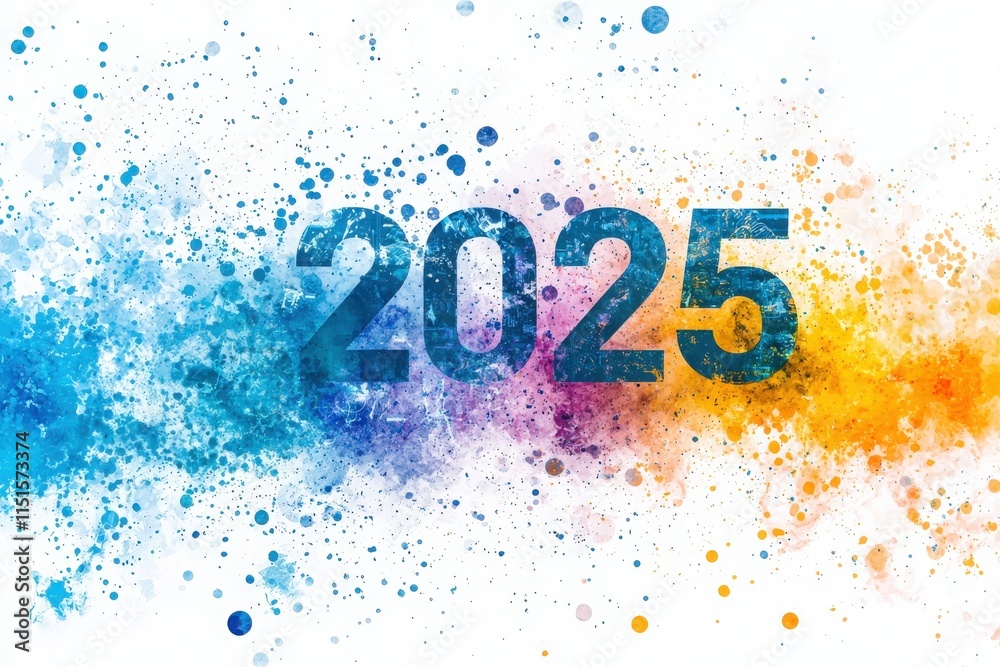 An abstract representation of the year 2025 features vibrant splashes of blue, pink, and yellow. This festive design uses colors and textures to create a dynamic visual impact.