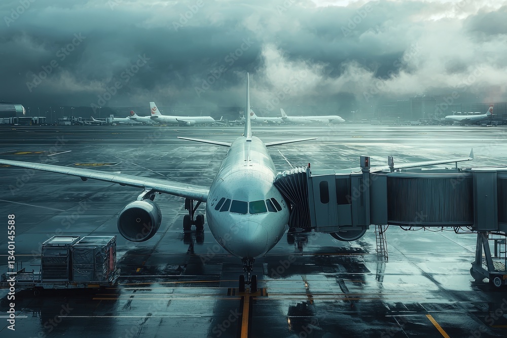 An airplane stands ready at the gate, surrounded by cargo and airport equipment. The wet runway reflects dark clouds, signaling potential rain and activity at a busy airport.