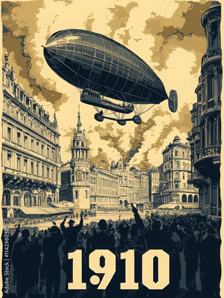 An airship glides over a bustling city square filled with people appreciating the spectacle. The architecture reflects early 20th-century design, setting a vibrant historical atmosphere.